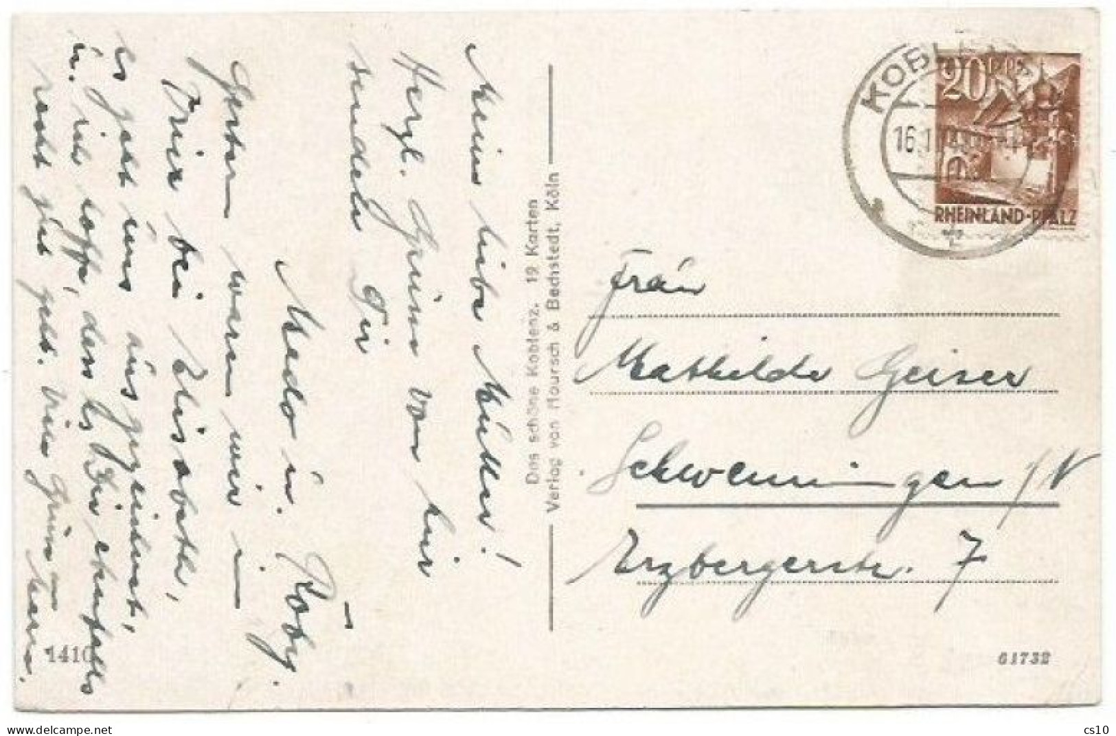 Germany Rheinland-Pfalz Regular D.PF.20 Solo Franking Pcard Koblenz 16nov1948 X Local Destination - Rheinland-Pfalz