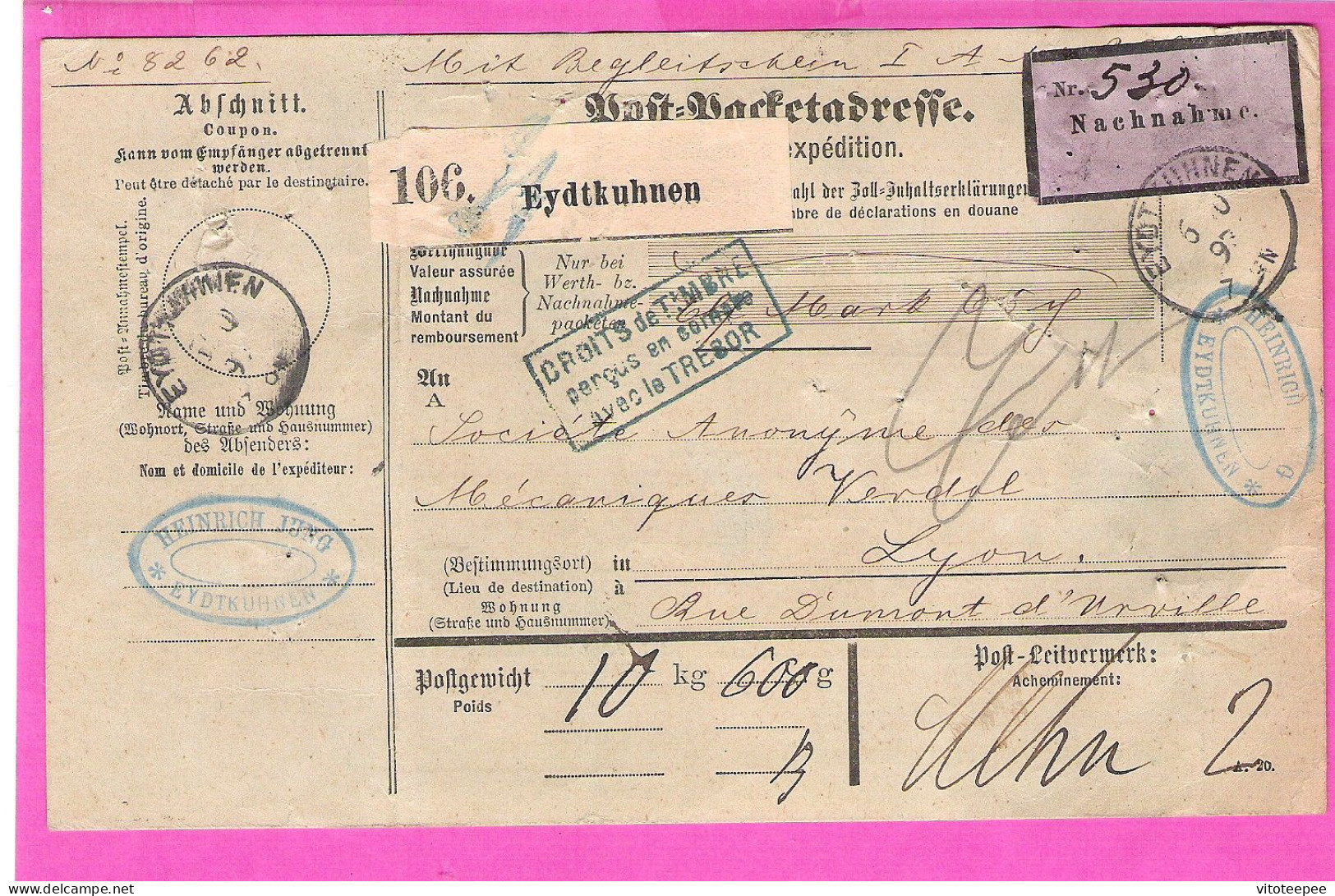 Bulletin De Transport Chemin De Fer Eydtkuhnen Tchernychevskoïe Mulhouse Mülhausen Germany Russia 1897 - Chemin De Fer