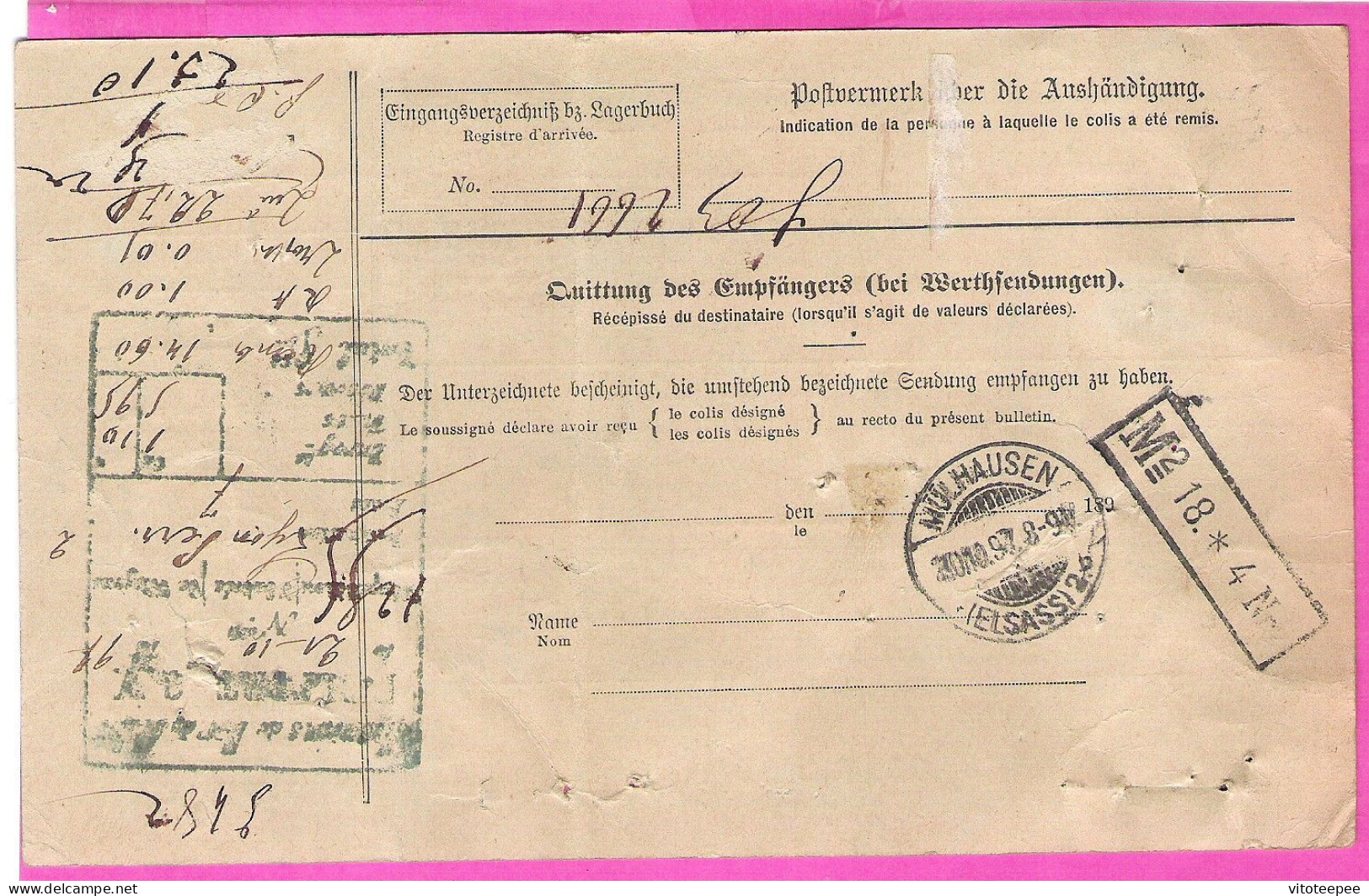 Bulletin De Transport Chemin De Fer Eydtkuhnen Tchernychevskoïe Mulhouse Mülhausen Germany Russia 1897 - Chemin De Fer