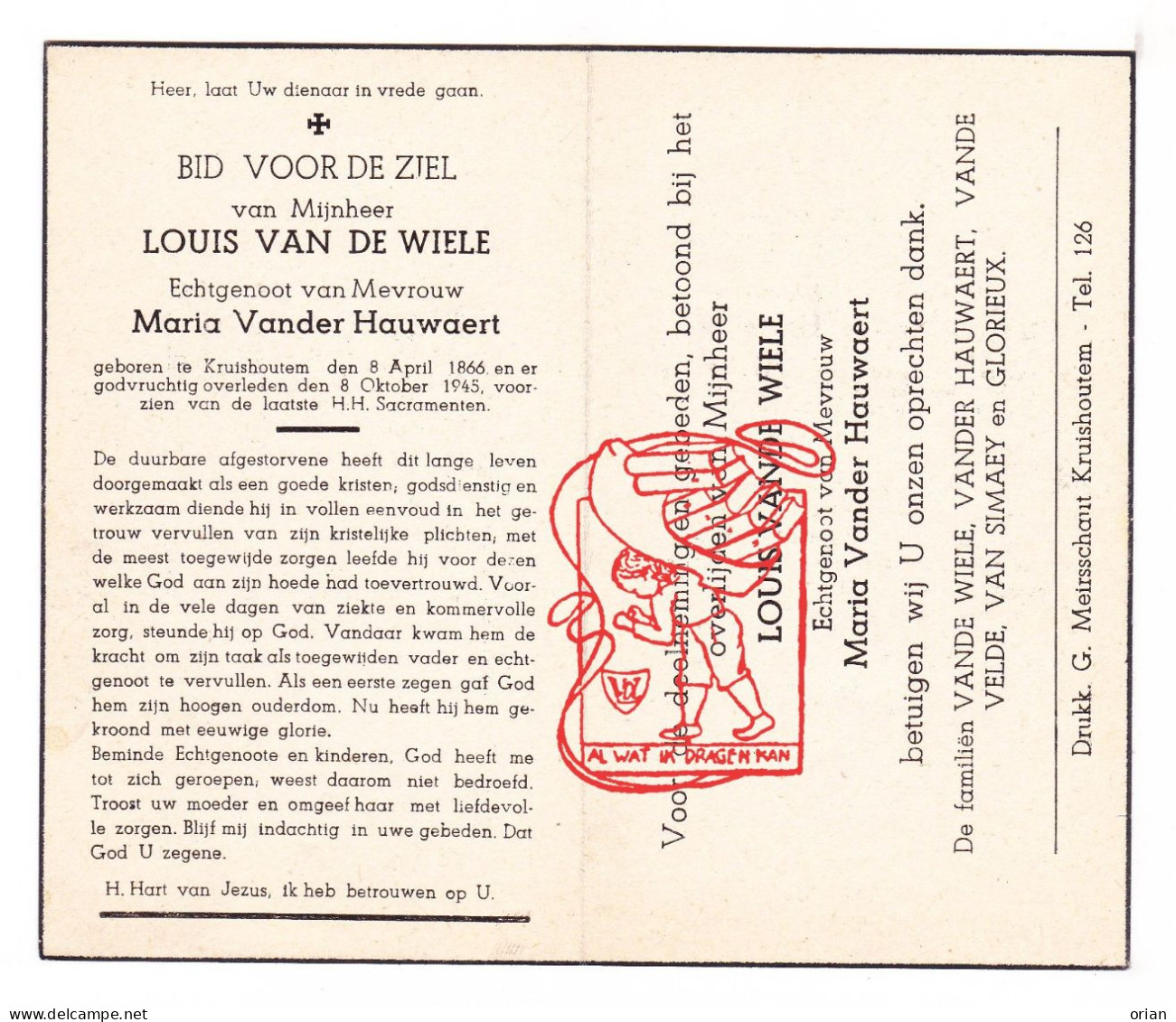 DP Louis Van De Wiele ° Kruishoutem 1866 † 1945 X Maria Vander Hauwaert // Vandevelde Van Simaey Glorieux - Images Religieuses