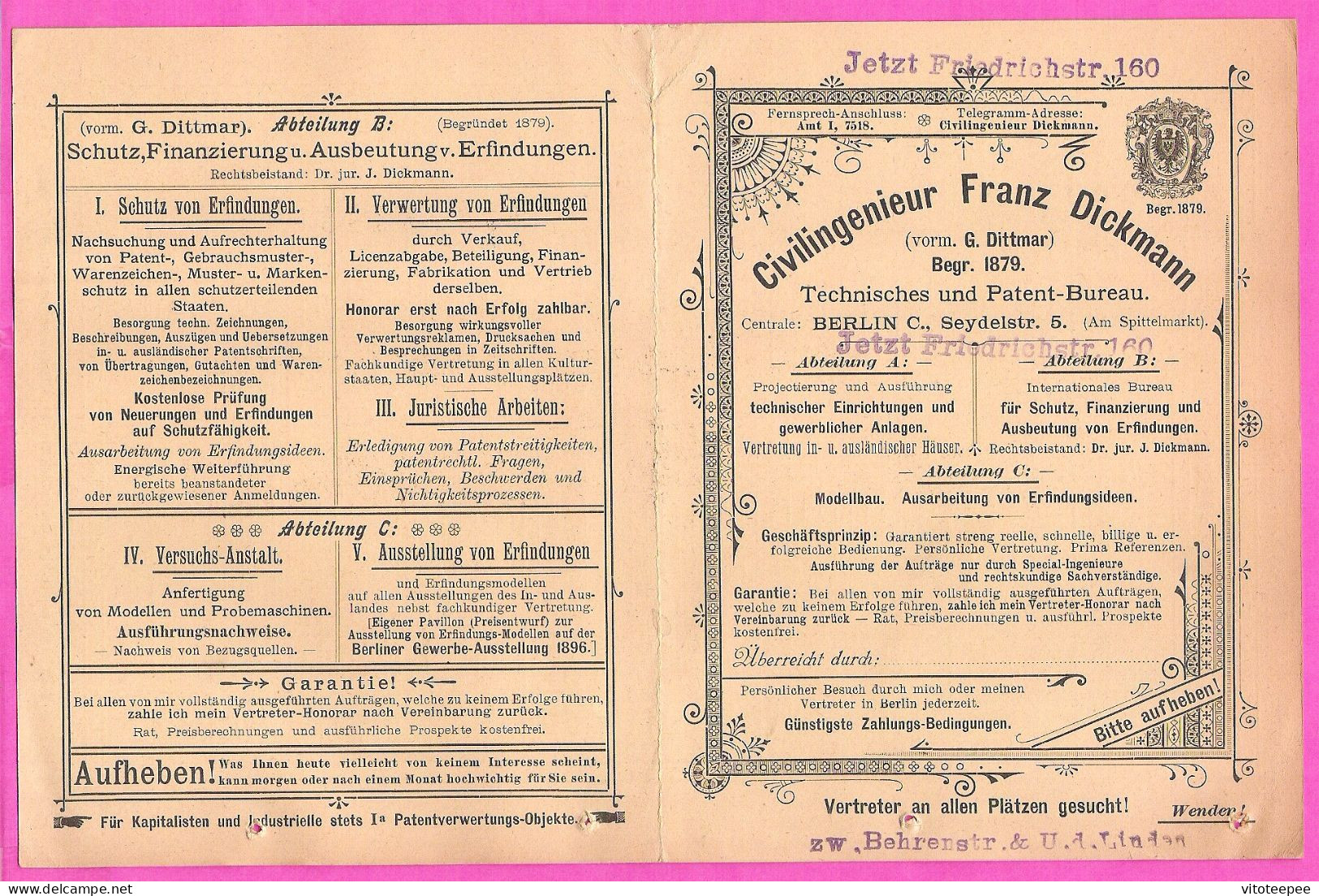 Dépliant Tarifaire Civilingenieur Franz Dickmann Patent Bureau Berlin C. Seydeistr. 5 Preise 1897 - 1800 – 1899