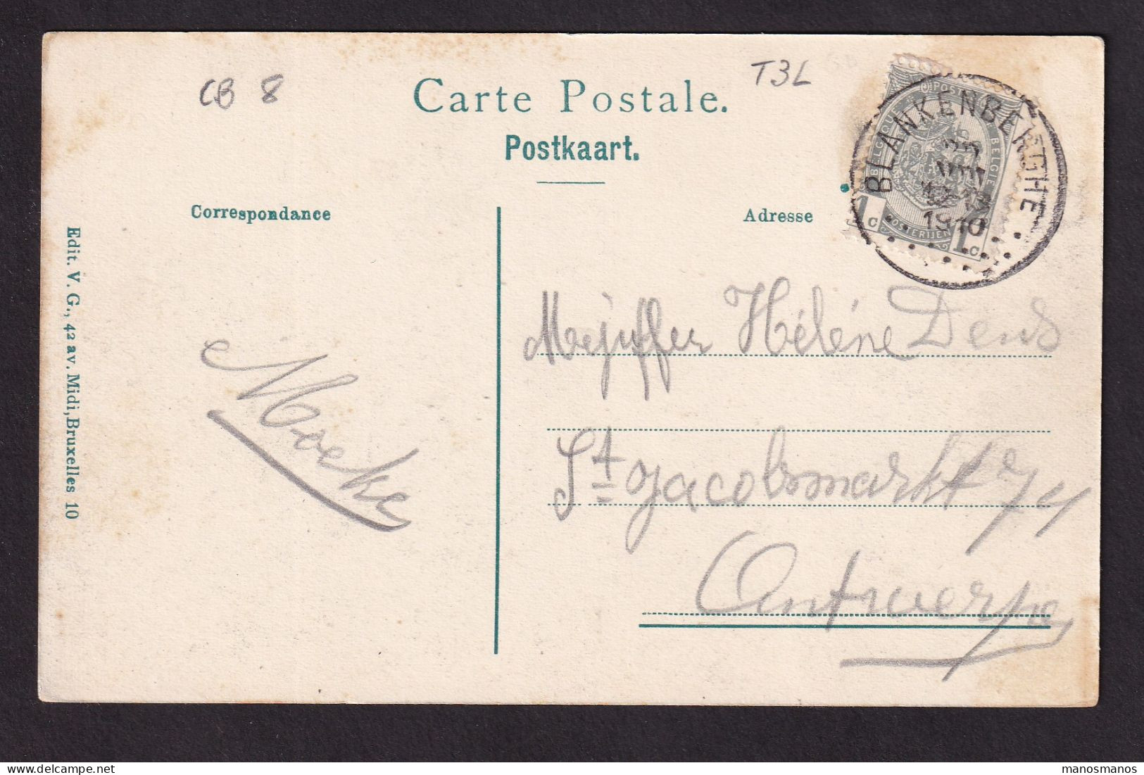 DDFF 659 -- Carte-Vue TP Armoiries T3L BLANKENBERGHE 1910 Vers Antwerpen - COBA 8 EUR S/TP Détaché - 1893-1907 Armoiries