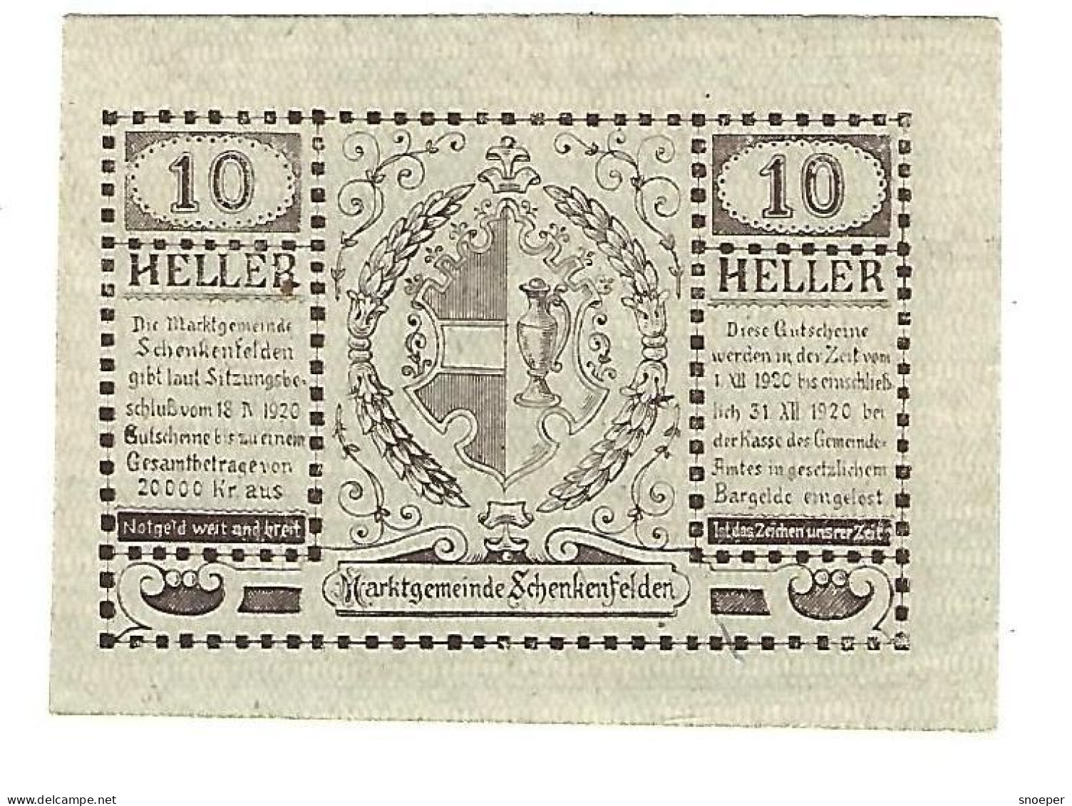 **Austria Notgeld  Schenkenfelden 20 Heller  958.1a - Autriche