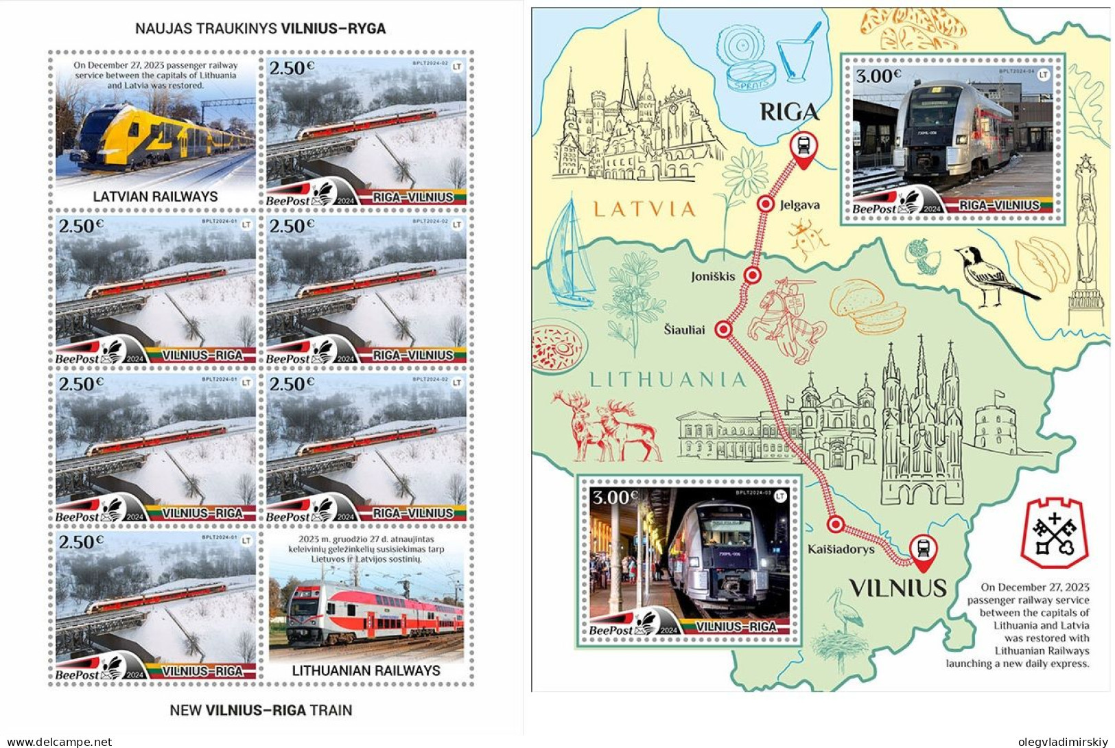 Lithuania Litauen Lituanie 2024 New Train Vilnius-Riga BeePost Sheetlet And Block MNH - Trains