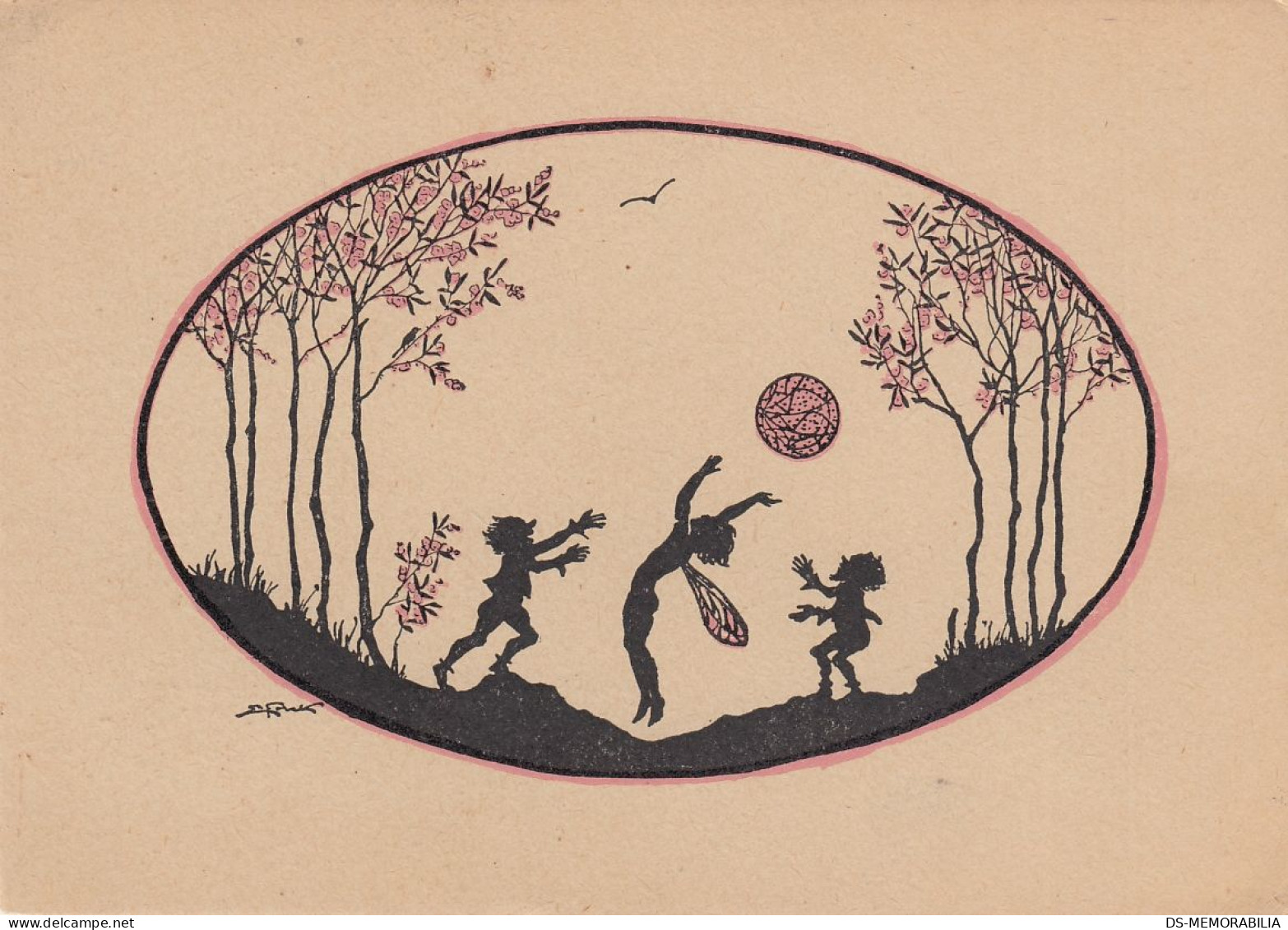 Silhouette Fairy & Elves Playing W Ball Old Postcard Signed Elly Frank - Silhouette - Scissor-type