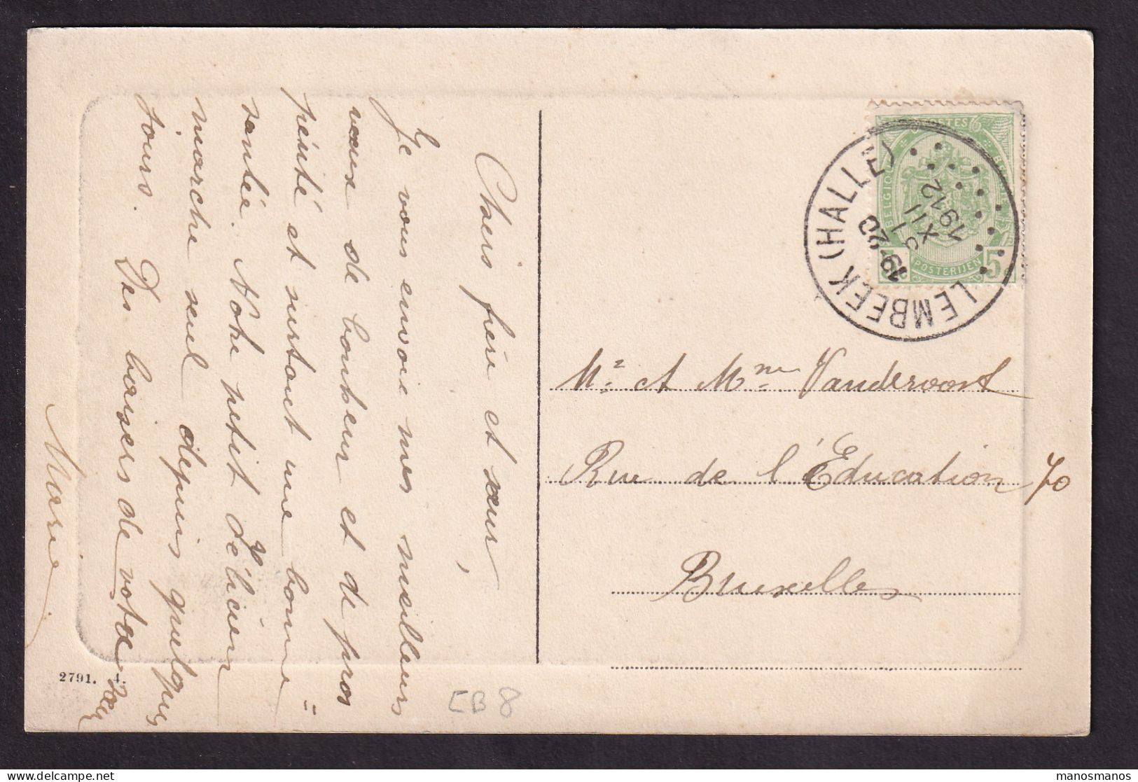 DDFF 661 -- Carte Fantaisie TP Armoiries T4R LEMBEEK (HALLE) 1912 Vers Bxl - COBA 8 EUR S/TP Détaché - 1893-1907 Wappen