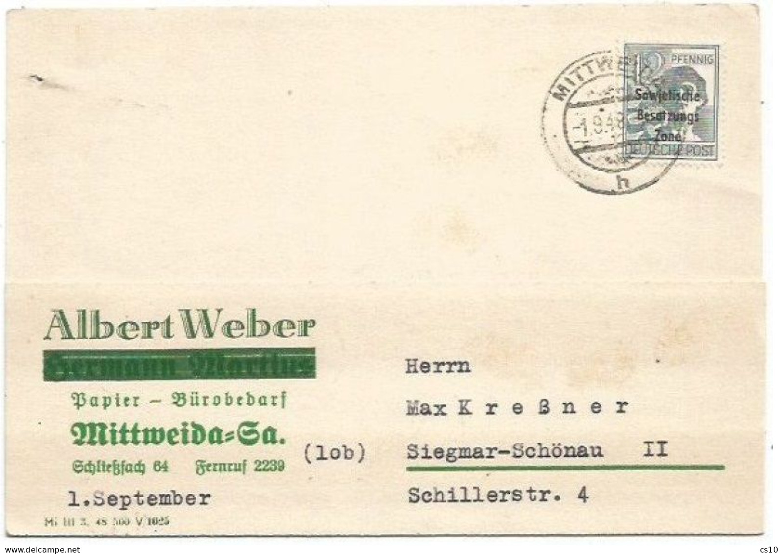 Germany Soviet Regular Pf.12 OVPT "SBZ" Solo Franking Commerce Card Mittweida 1sep1948 To Siegmar-Schonau - Briefe U. Dokumente