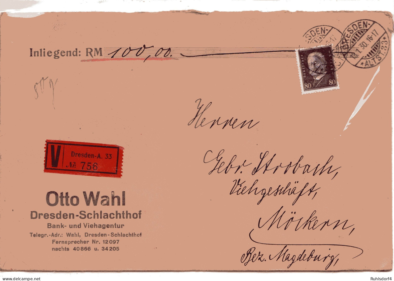 Dt. Reich: Wertbrief Mit EF. 80 Pfg. Hindenburg - Other & Unclassified