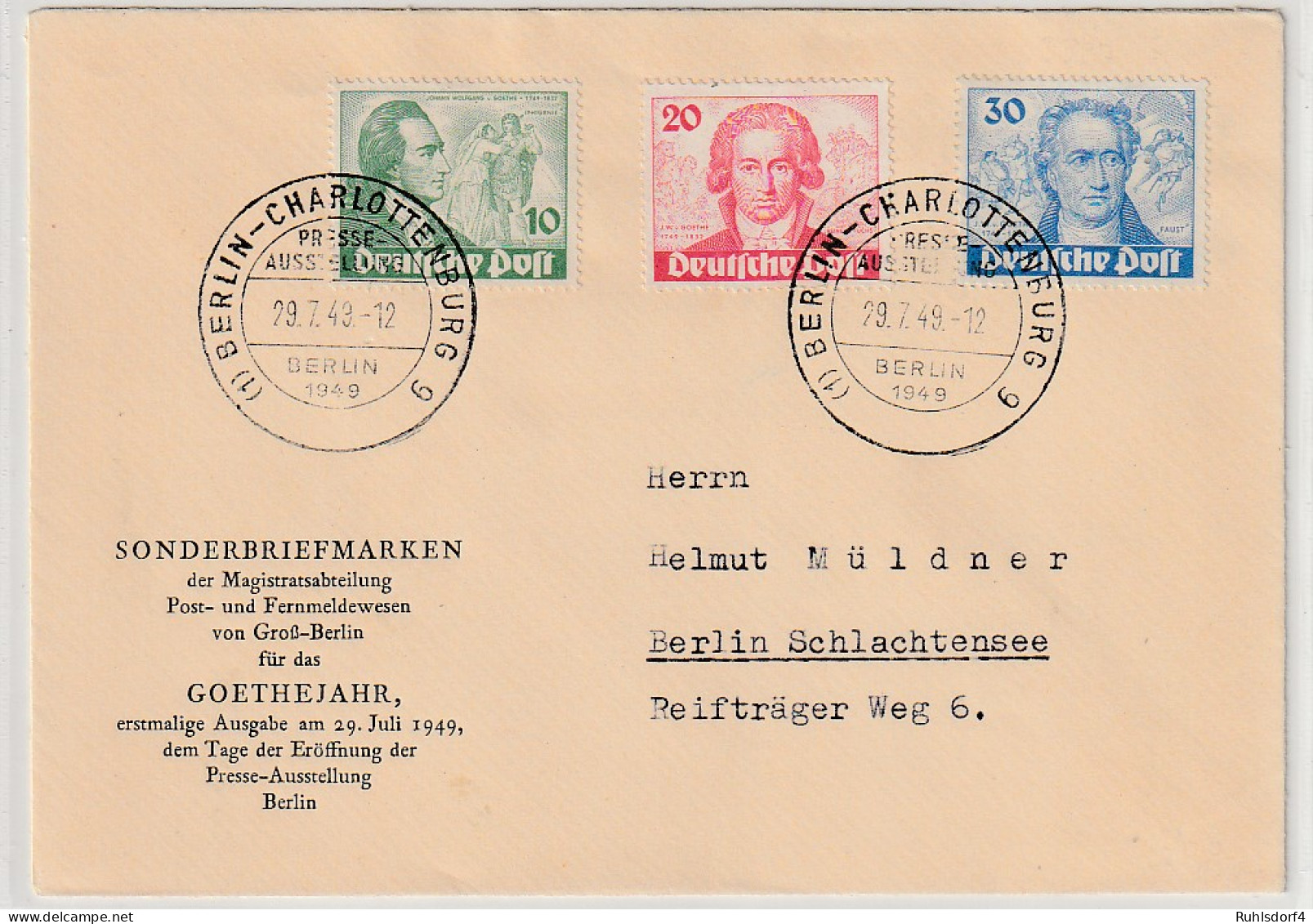 Berlin: FDC  Goethejahr 1949 - Sonstige & Ohne Zuordnung