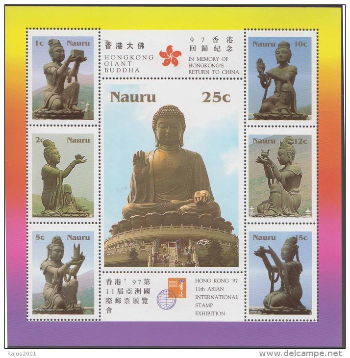 Giant Buddha, Buddhism Return Of Hongkong To China, 11th Asian Int Stamp Exhibition, Religion, MS MNH Nauru - Budismo