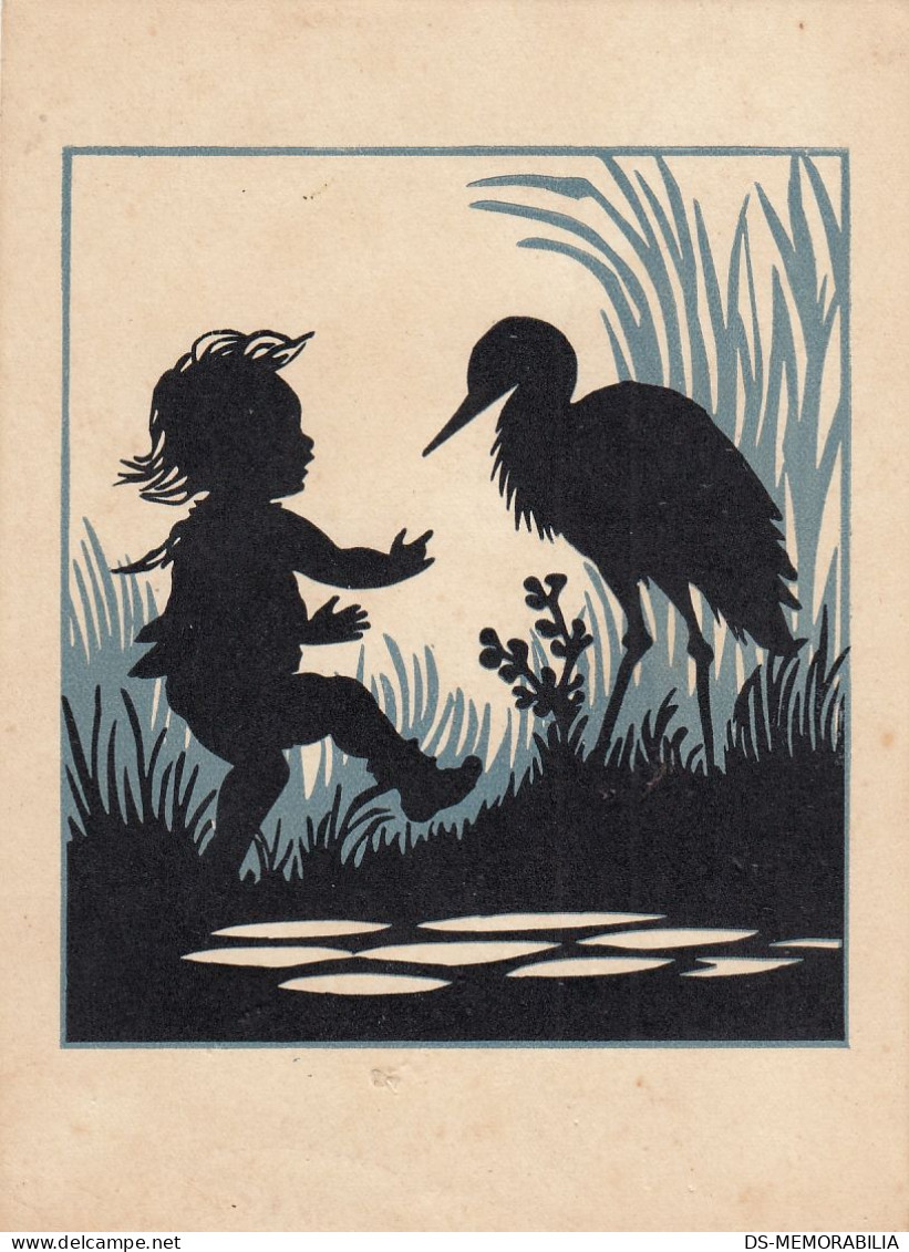 Silhouette Child And Stork Old Postcard Signed Hedwig Pelizaeus - Silhouetkaarten