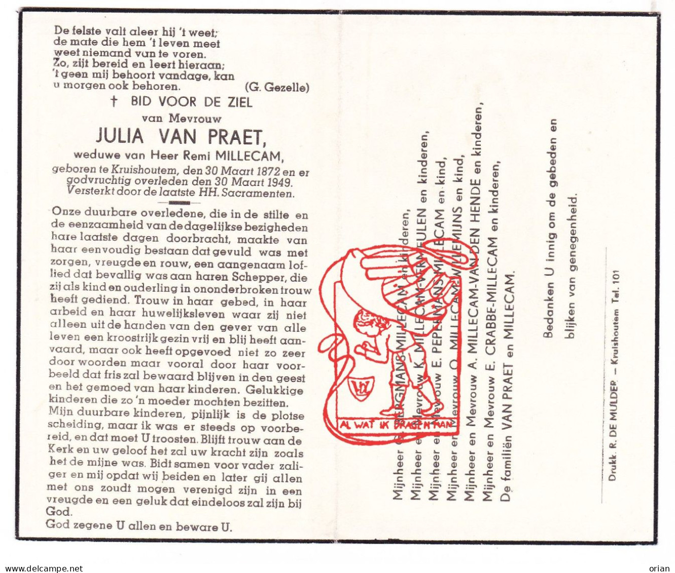 DP Julia Van Praet ° Kruishoutem 1872 † 1949 Millecam // Bergmans Vermeulen Pepermans Willemijns Crabbe Van Den Hende - Devotieprenten