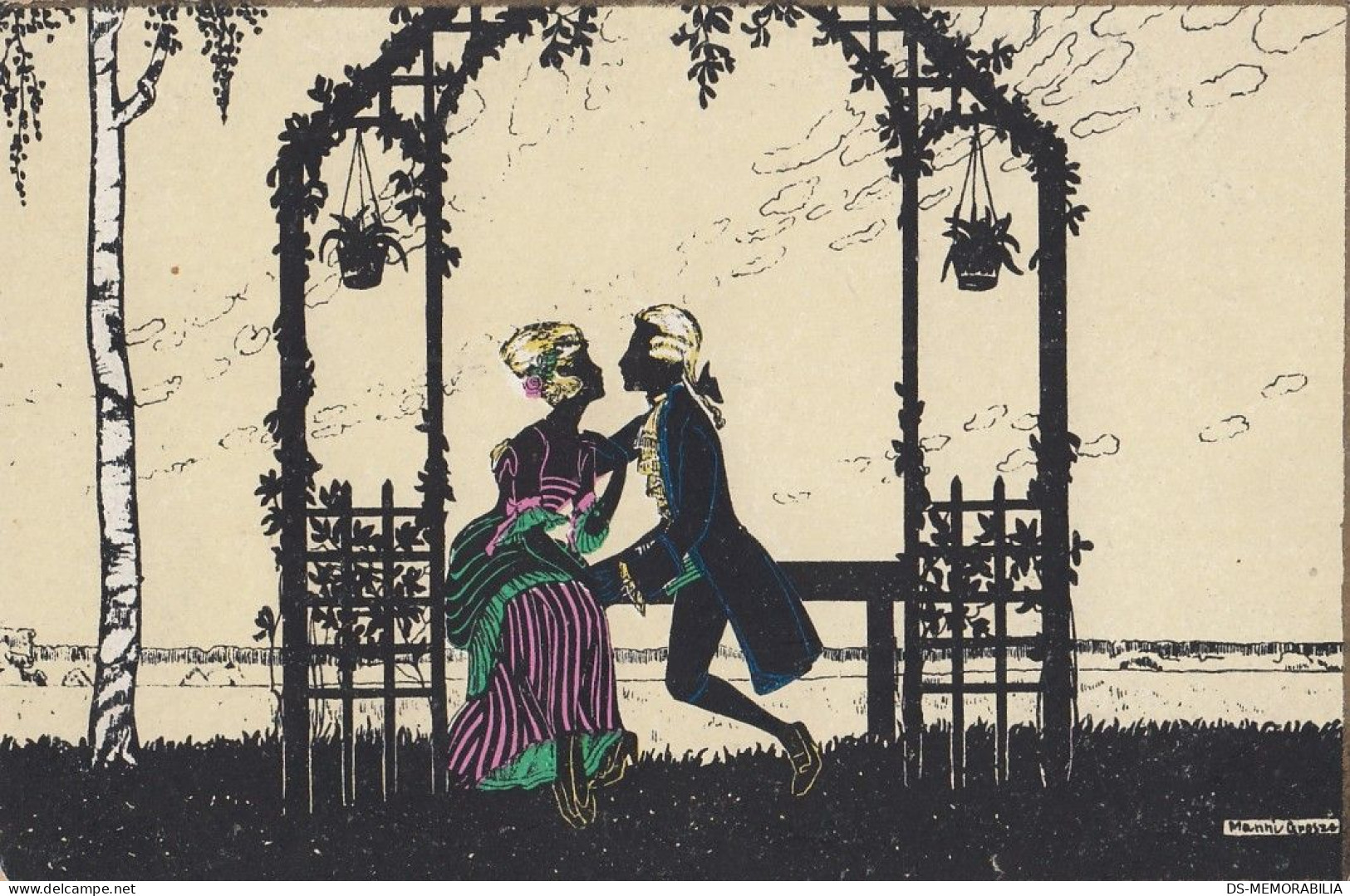 Silhouette Couple In Garden Art Deco Old Postcard Signed Manni Grosze 1927 - Silhouettes