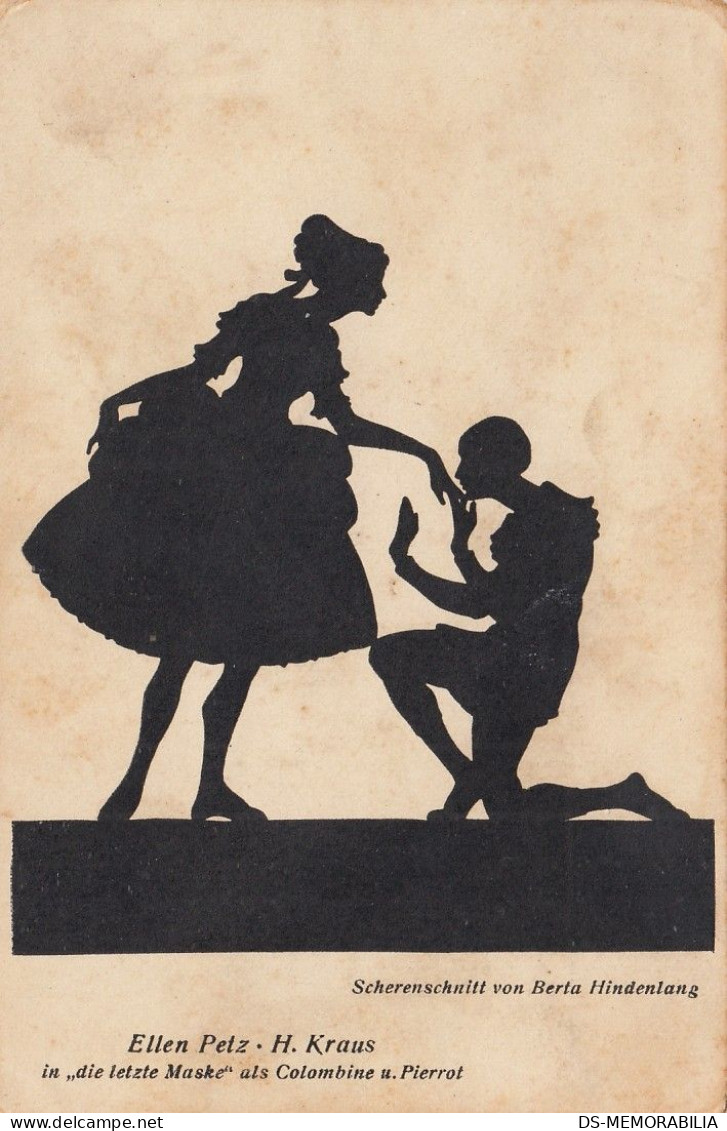 Silhouette Pierrot And Columbine Art Deco Old Postcard Signed Berta Hindenlang - Silhouetkaarten