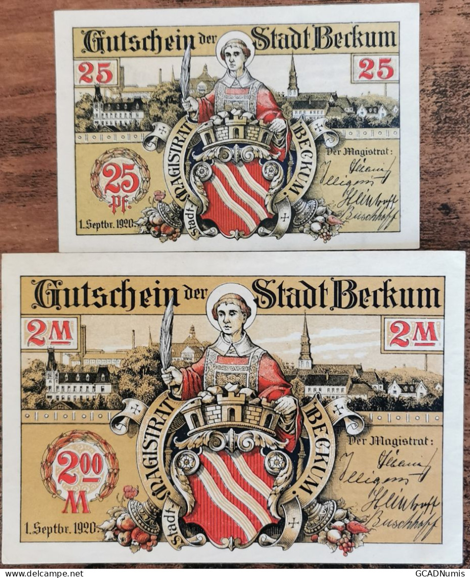 Lot 2 Billets Allemagne BECKUM 25 Pfennig Et 2 Mark 09/1920 - UNC - Mehl 68.2 - Lokale Ausgaben