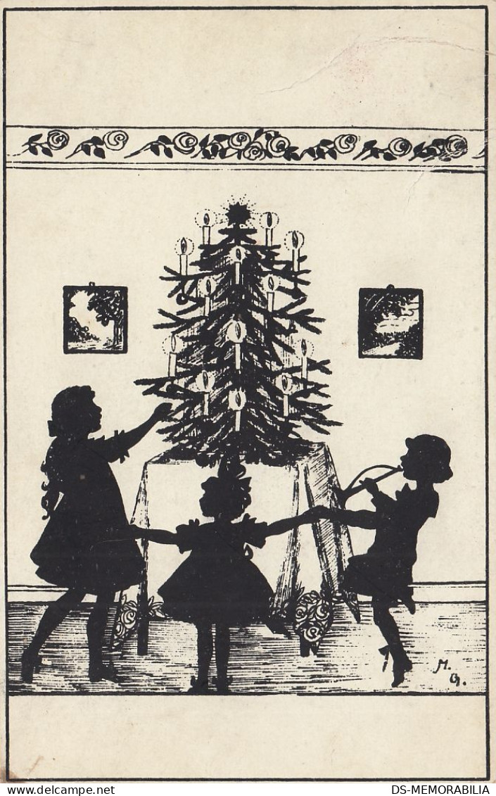 Silhouette Children Dancing Christmas Tree Old Postcard Signed Marte Graf - Scherenschnitt - Silhouette