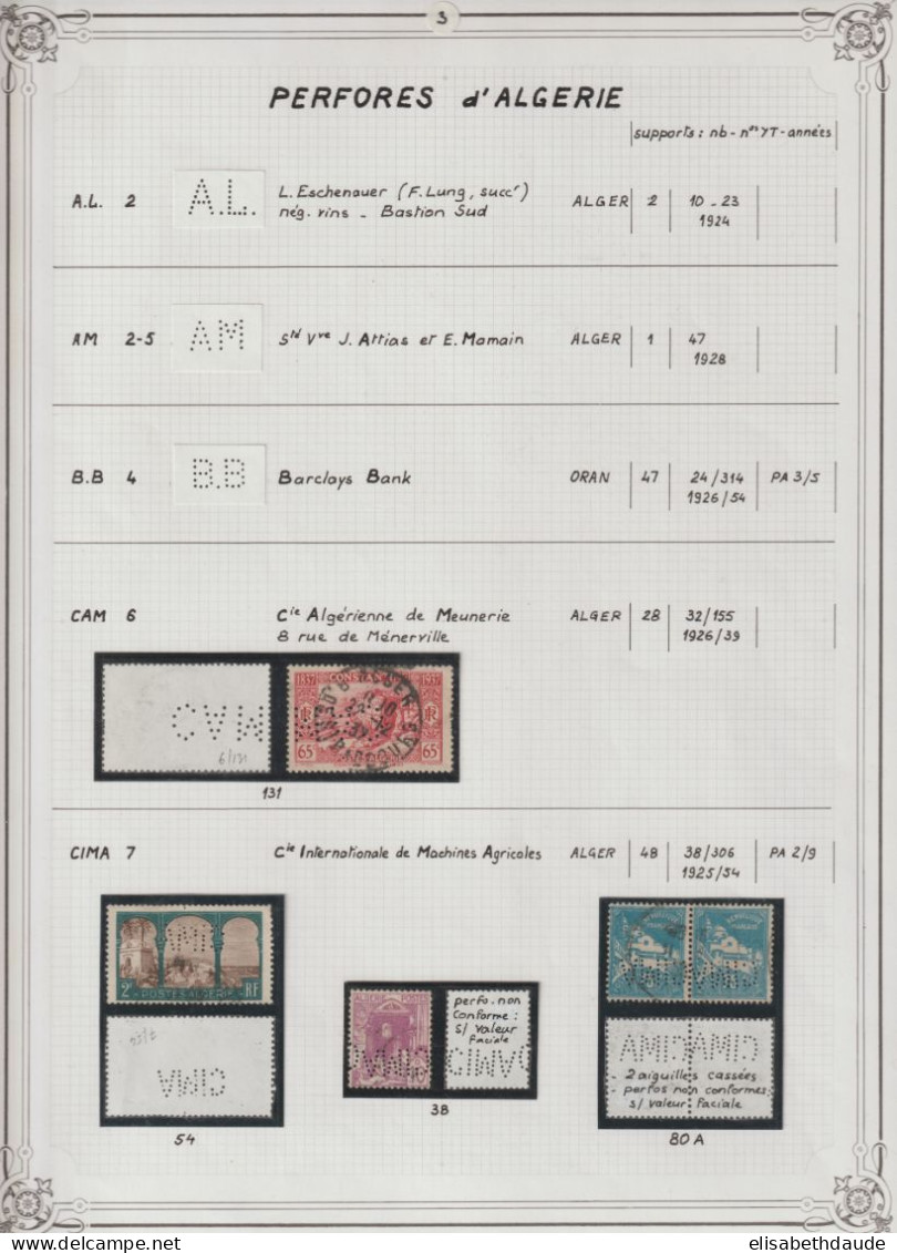 ALGERIE - PERFORES / PERFIN - SUPERBE COLLECTION ETUDE A COMPLETER SUR 11 FEUILLES ALBUM - Gebraucht