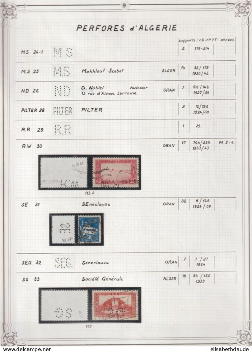 ALGERIE - PERFORES / PERFIN - SUPERBE COLLECTION ETUDE A COMPLETER SUR 11 FEUILLES ALBUM