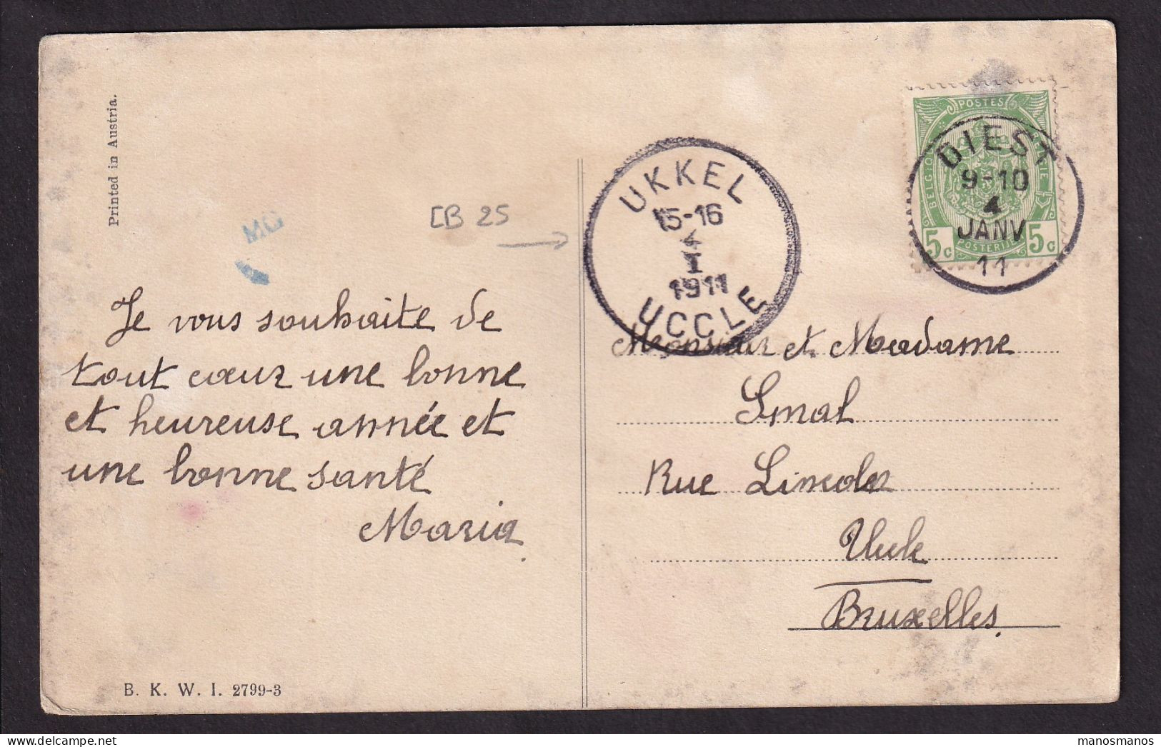 DDFF 664 -- Carte Fantaisie TP Armoiries T2R DIEST 1911 Vers T4R  UCCLE (COBA 25 EUR S/TP Détaché) - 1893-1907 Wappen