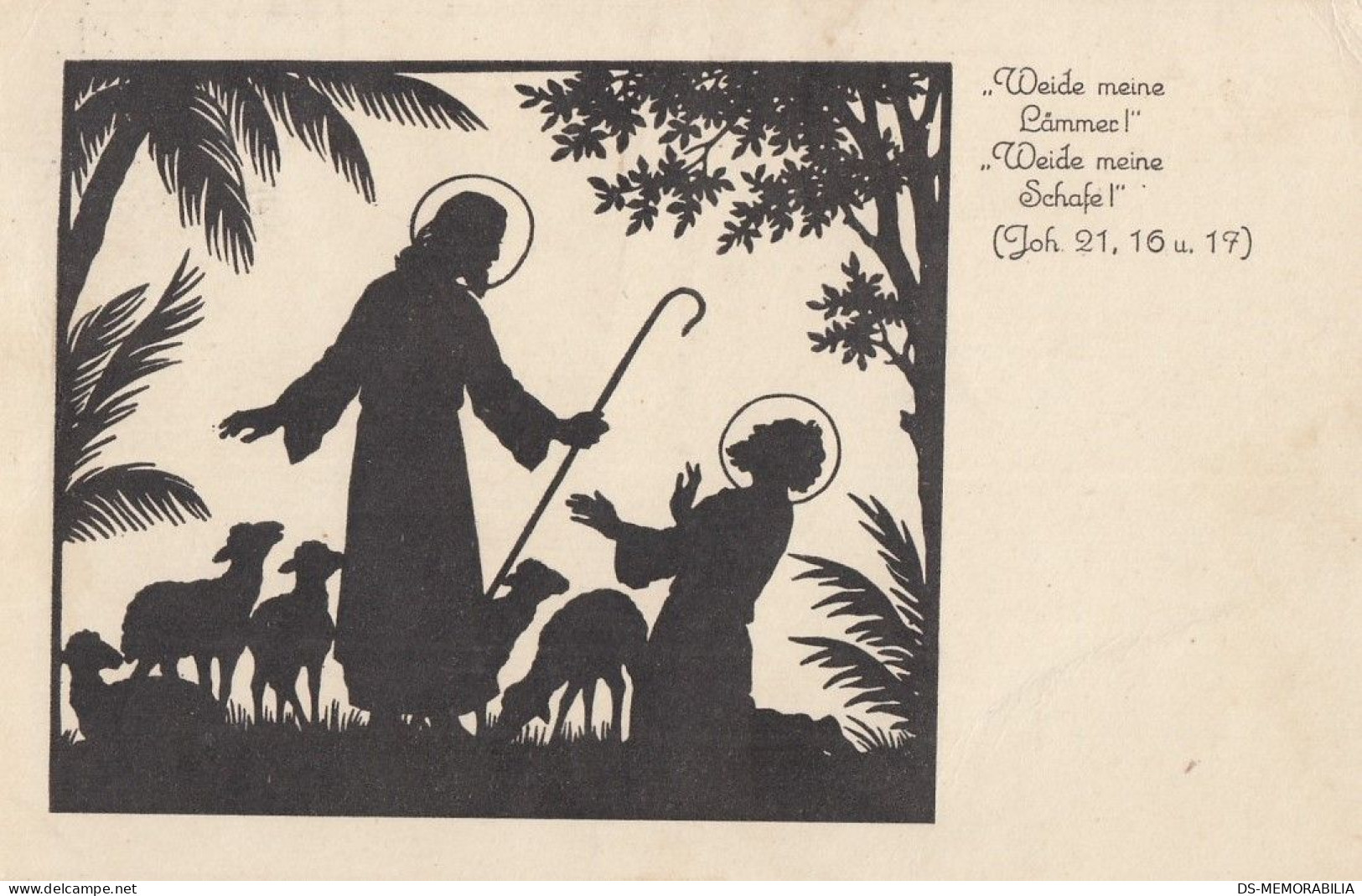 Silhouette Jesus Christ Shepherd Sheep Herd Old Postcard 1930 - Scherenschnitt - Silhouette