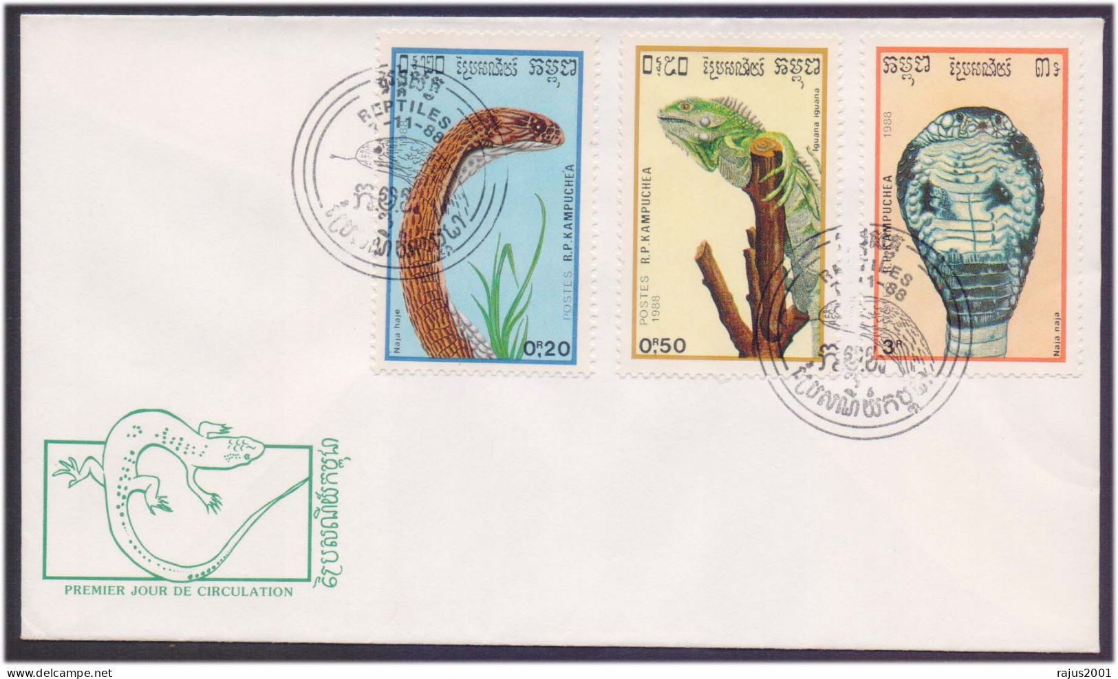 Snake, Indian King Cobra ( Naja Naja ), Reptile, Harmful Animal, Venomous Snake. Iguana Lizard, Laos FDC - Schlangen