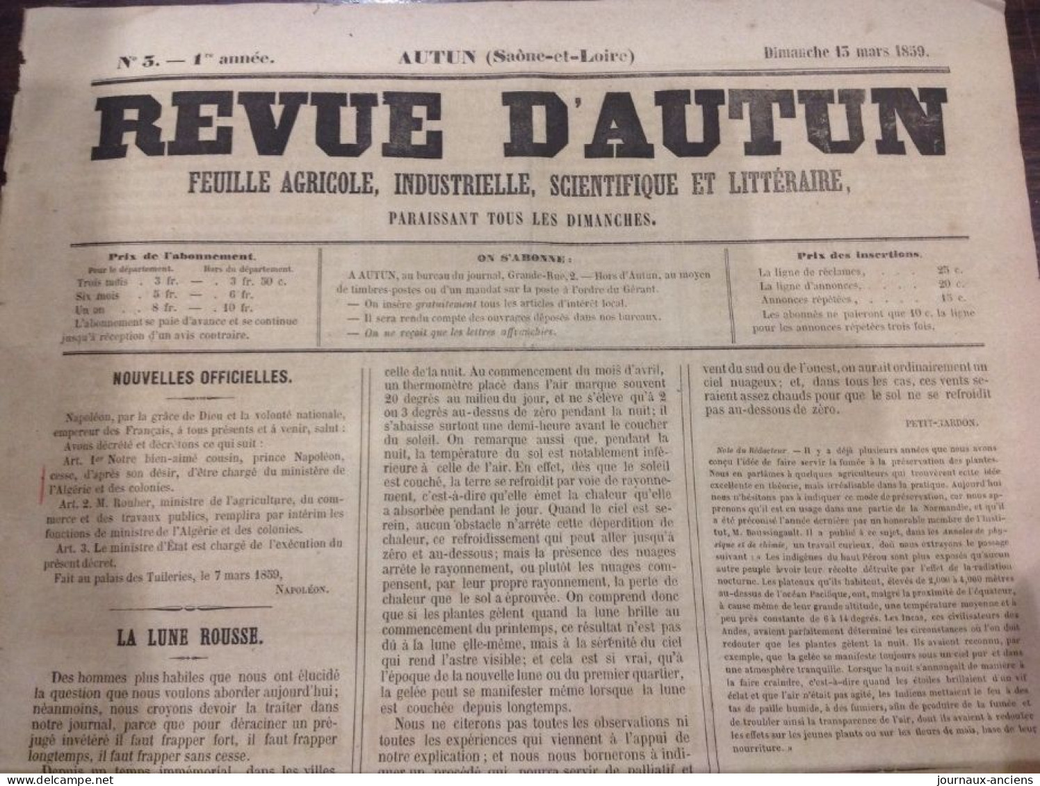 1859 SAONE ET LOIRE REVUE D'AUTUN N° 3 Première Année - Four A Chaux De SAINT DENIS - CONSCRITS - NOUVELLES LOCALES - Ohne Zuordnung