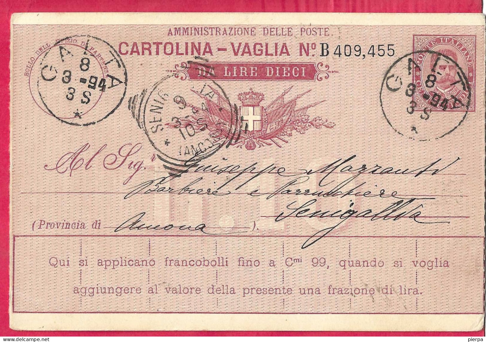 INTERO CARTOLINA-VAGLIA UMBERTO C.15 DA LIRE 10 (CAT. INT.7Ba) -VIAGGIATA DA "BORGO DI GAETA*8.MAR.94* PER SENIGALLIA - Entiers Postaux