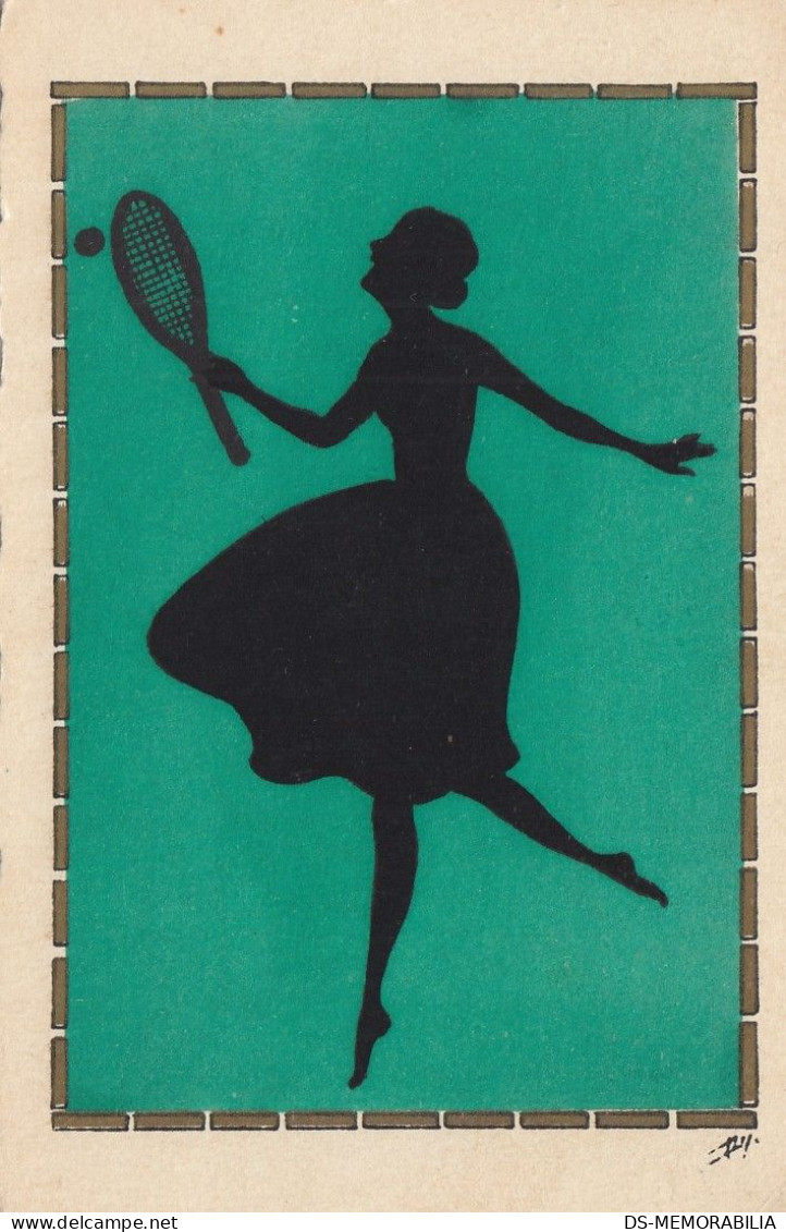 Silhouette Lady With Tennis Racket Art Deco Old Postcard - Tennis