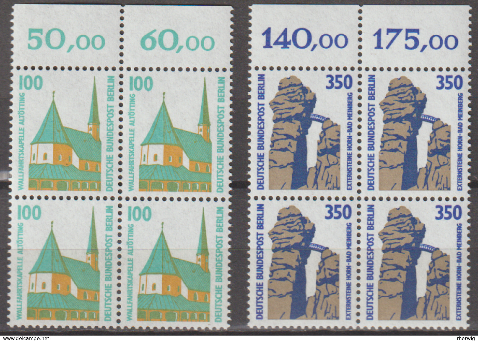 Berlin, 1989, Sehenswürdigkeiten- SWK (VI)  834-835 ** 2 Viererblöcke Mit Oberrand - Unused Stamps