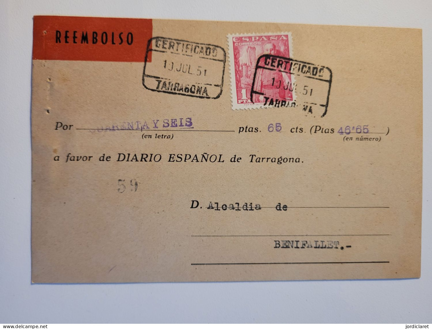 REEMBOLSO CERTIFICADO 1951 TARRAGONA - Storia Postale