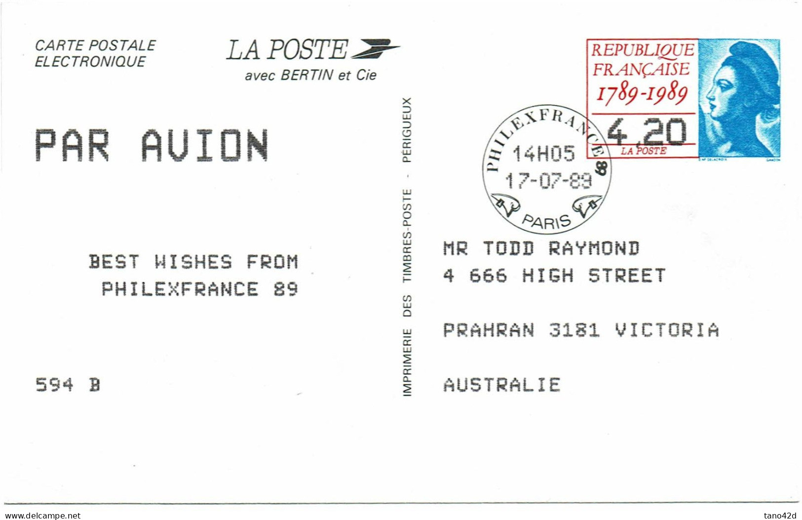 CTN85E - FRANCE CP ELECTRONIQUE PHILEXFRANCE 89 - TARIF POUR L'ETRANGER (AUSTRALIE) - Standard Postcards & Stamped On Demand (before 1995)