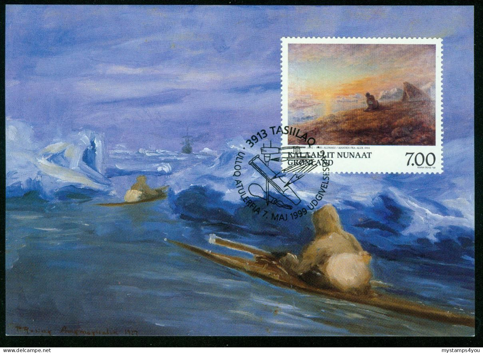 Mk Greenland Maximum Card 1999 MiNr 336 | Greenland Art. Paintings By Peter Rosing. "The Man From Aluk" #max-0050 - Maximumkarten (MC)