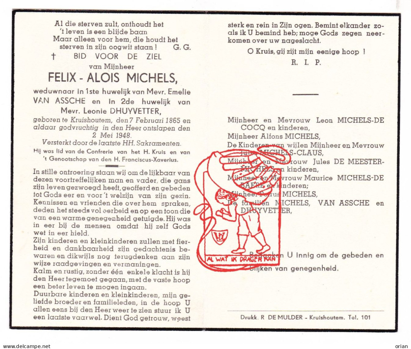 DP Felix Alois Michels ° Kruishoutem 1865 † 1948 X Emilie Van Assche Xx Leonie DHuyvetter De Cocq Claus De Baere Meester - Devotion Images