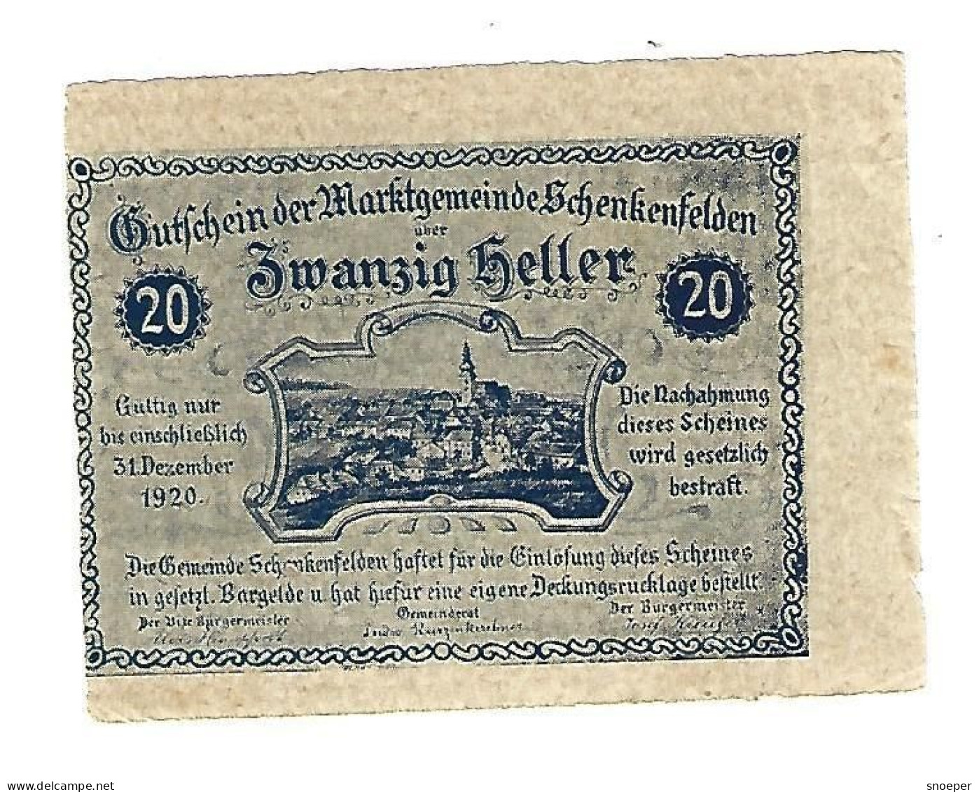 **Austria Notgeld  Schenkenfelden 20 Heller  958.1a - Austria