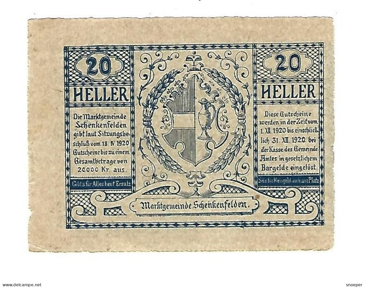 **Austria Notgeld  Schenkenfelden 20 Heller  958.1a - Oostenrijk