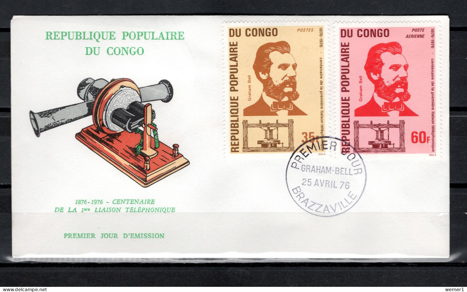 Congo 1976 Space, Telephone Centenary Set Of 2 On FDC - Afrique