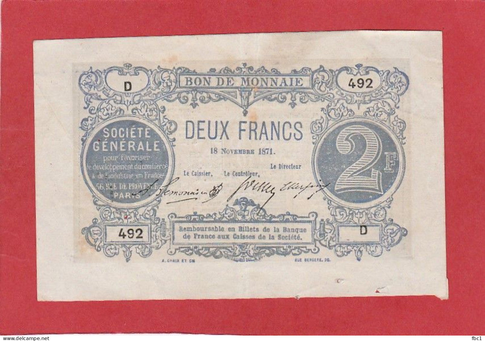 Société Générale - Bon De Monnaie - Deux Francs - 1871 - Notgeld