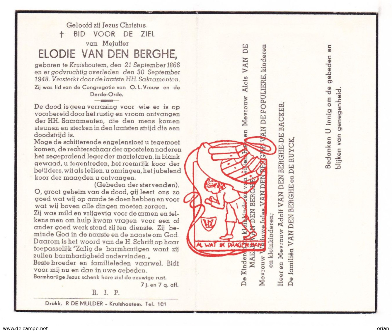 DP Juff. Elodie Van Den Berghe ° Kruishoutem 1866 † 1948 Van De Maele Van De Populiere De Backer De Ruyck - Devotion Images