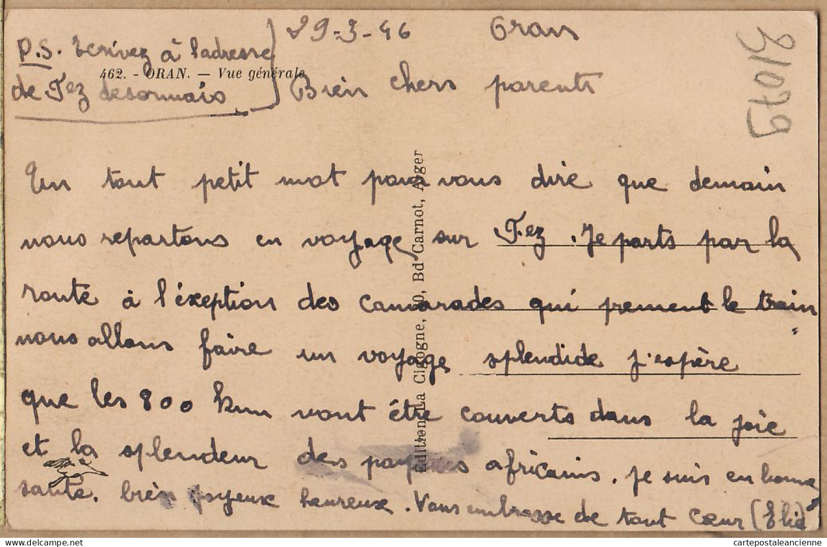 26393 / ⭐ ORAN Algéria Vue Générale Quartier Ville Du Fort SANTA-CRUZ 29-03-1946 Départ Voyage FEZ 800 Kms -CIGOGNE 462 - Oran