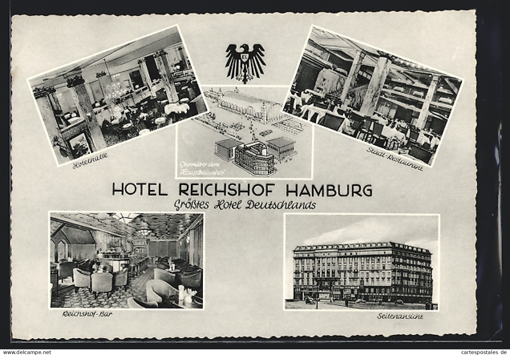 AK Hamburg-St.Georg, Hotel Reichshof-Hotelhalle, Stadt-Restaurant, Reichshof-Bar, Seitenansicht  - Mitte