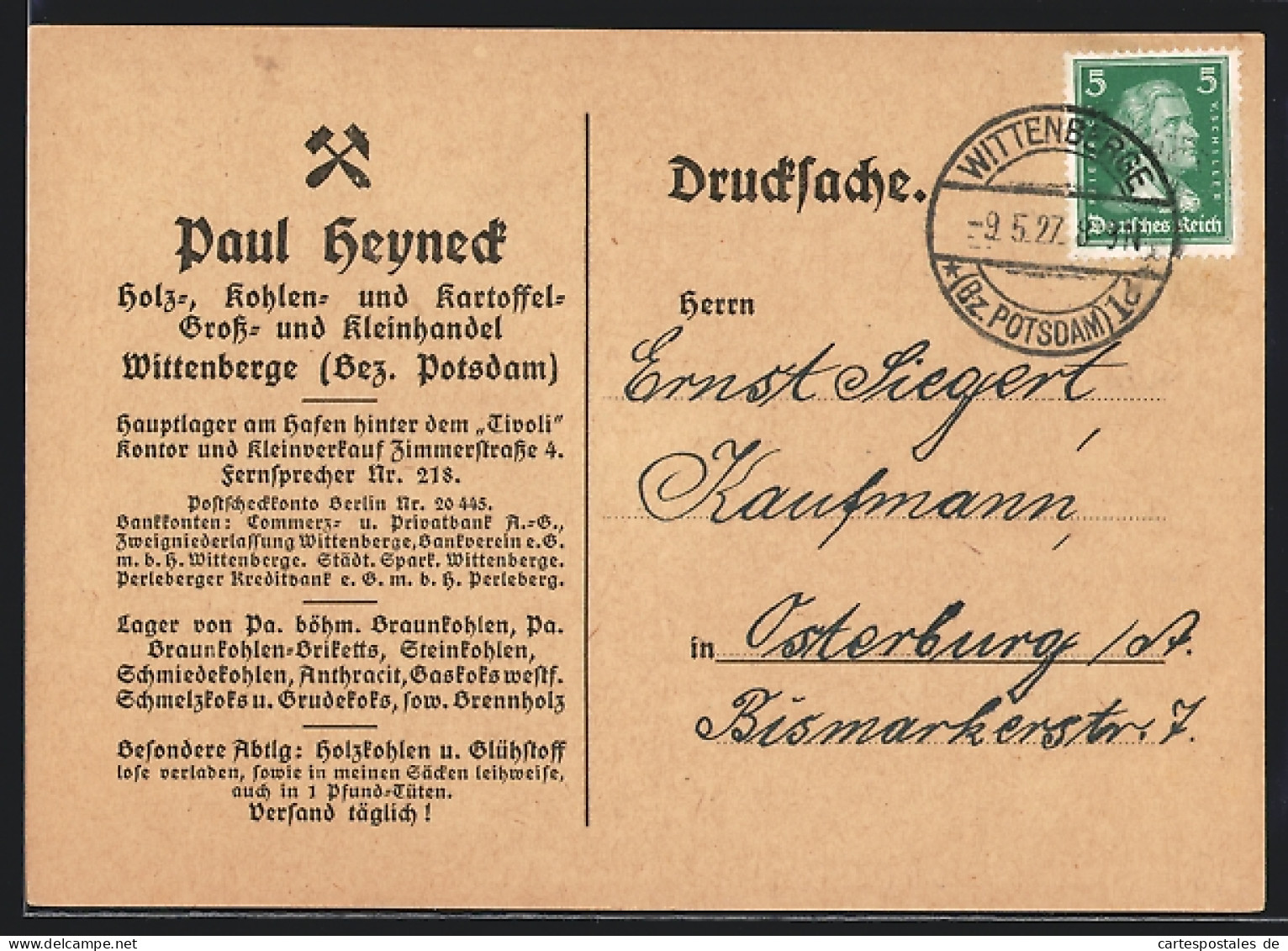 AK Wittenberge (Bez. Potsdam), Geschäftskarte Paul Heyneck-Gross- U. Kleinhandel Für, Holz, Kohle Und Kartoffeln  - Wittenberge