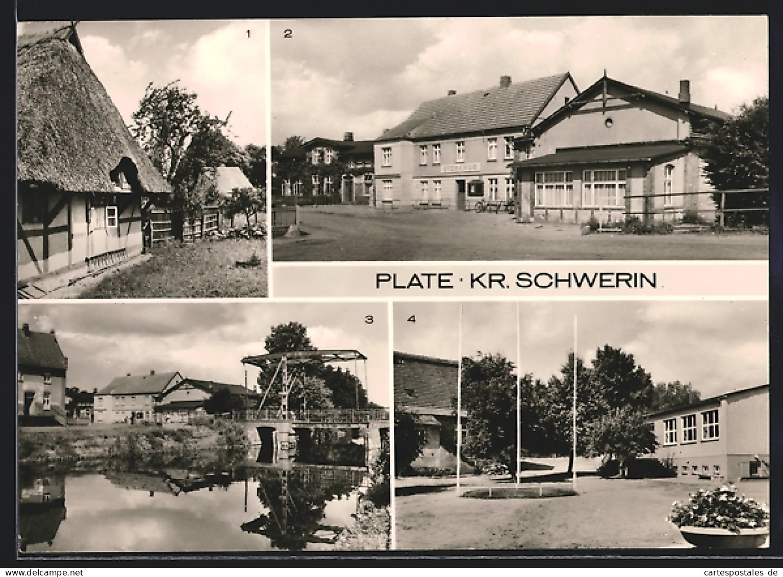 AK Plate /Kr. Schwerin, Sarnow-Haus, HO-Gaststätte Störkrug, Am Störkanal, Polytechnische Oberschule  - Schwerin