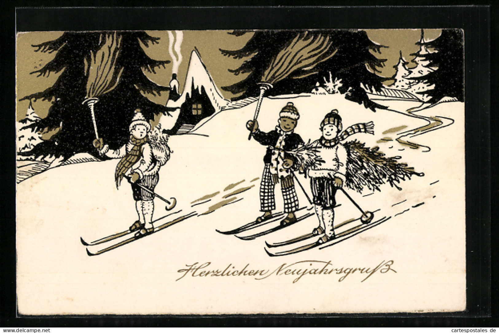 AK Kinder Mit Fackeln Gehen Ski Fahren Zum Neujahr  - Sport Invernali