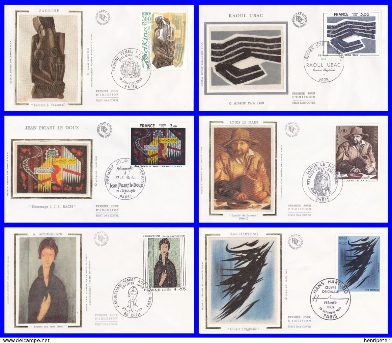 2074-2075-2107-2108-2109-2110 Sur Six Enveloppes Premier Jour Illustrées Sur Soie - Série Artistique - France 1980 - 1980-1989