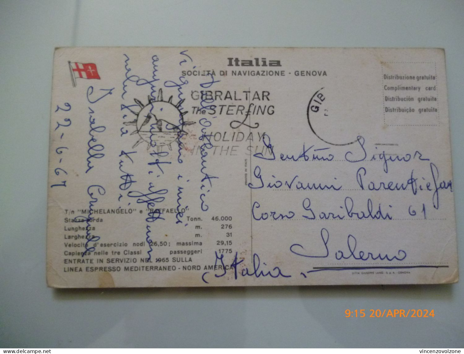 Cartolina Viaggiata "ITALIA Società Di Navigazione Genova T/n MICHELANGELO" 1967 - Steamers