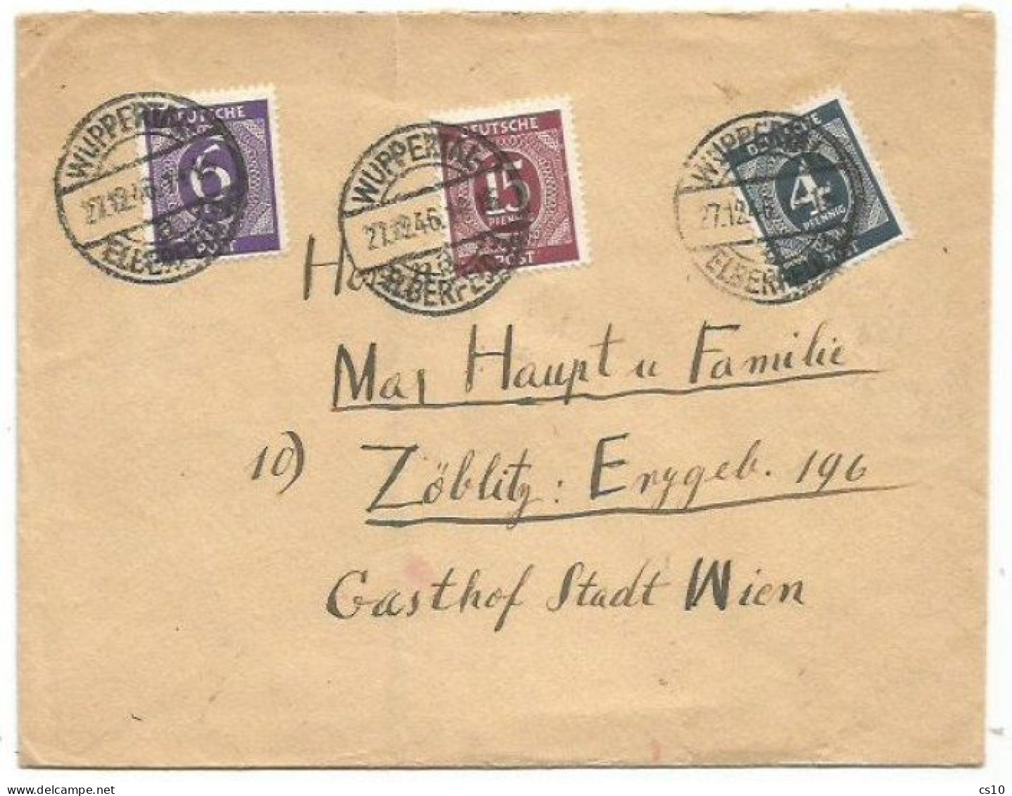 Germany Allied Occ. Regular Numbers Pf.15 Brown/lilac + Pf.6+pf.4 Cover Wuppertal 27dec1946 X Wien - Covers & Documents