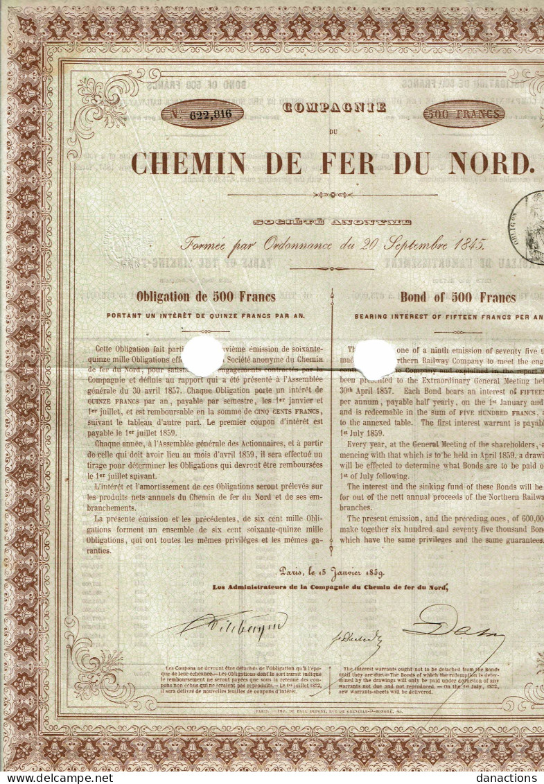 59-CHEMIN DE FER DU NORD. CIE DU ...  1859 - Autres & Non Classés