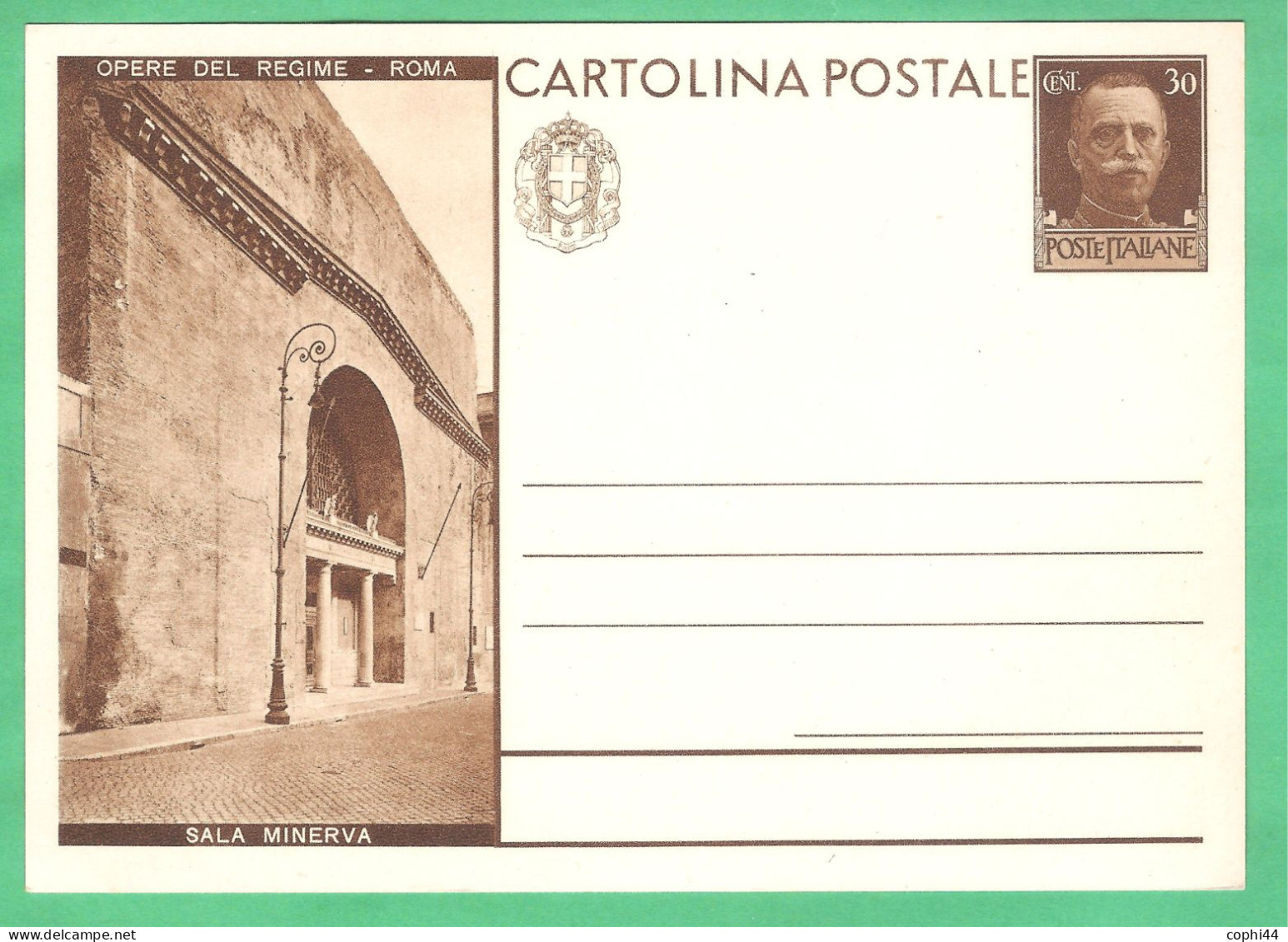 REGNO D'ITALIA 1931 CARTOLINA POSTALE VEIII OPERE DEL REGIME SALA MINERVA 30 C Bruno (FILAGRANO C70-19) NUOVA - Stamped Stationery