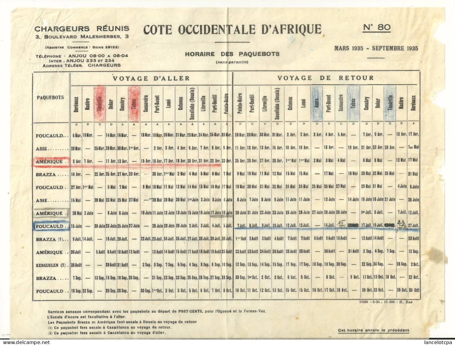 COTE OCCIDENTALE D'AFRIQUE / HORAIRE DES PAQUEBOTS - MARS 1935 - SEPTEMBRE 1935 - Mondo