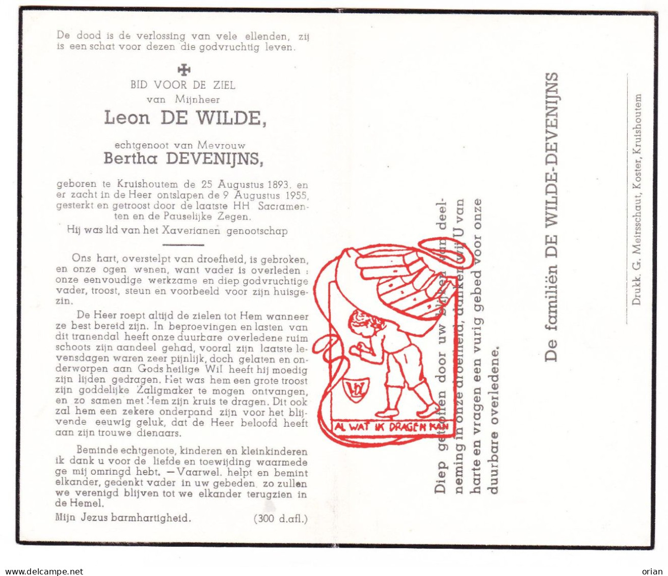 DP Leon De Wilde ° Kruishoutem 1893 † 1955 X Bertha Devenijns - Images Religieuses